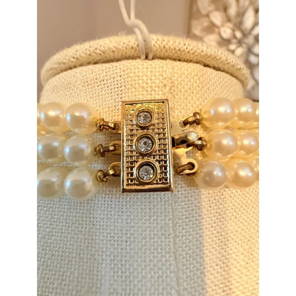 Vintage Faux Pearl Rhinestone Bow Statement Necklace